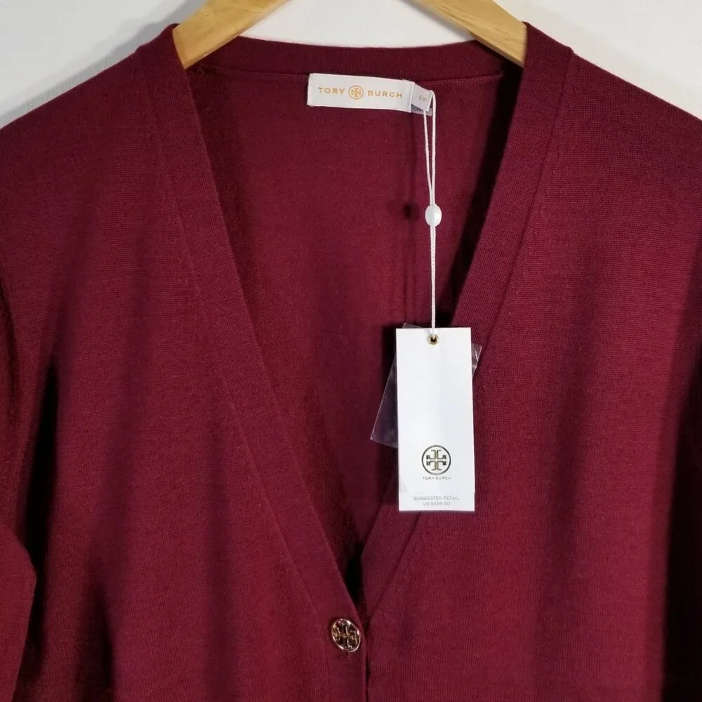 NWT Tory Burch Madeline 100% Merino Wool Cardigan Garnet Red‎ Logo Button XS